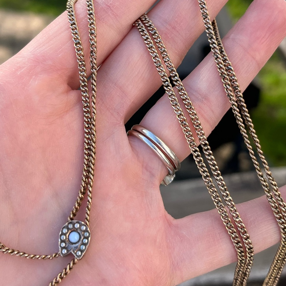 Vintage Gold Filled Curb Watch Chain with Horseshoe Opal Slide Charm- 24” - Picture 9 of 12
